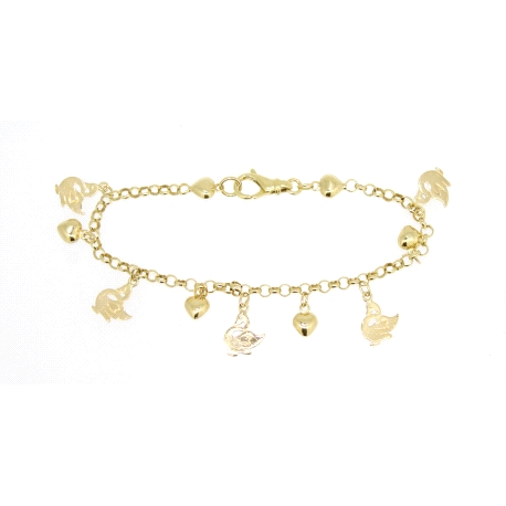 PULSERA EN ORO CON CISNES Y CORAZONES