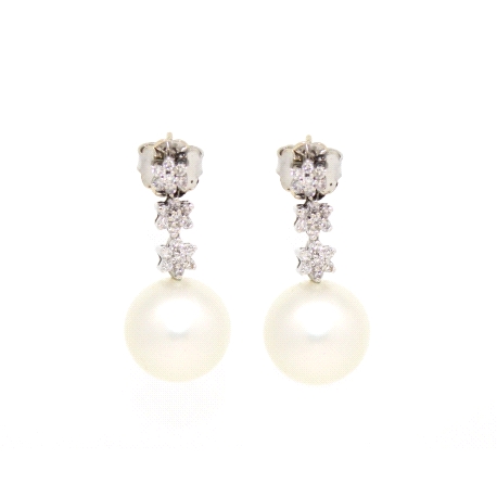 PENDIENTES EN ORO BLANCO CON 0.85 CT EN BRILLANTES Y PERLAS