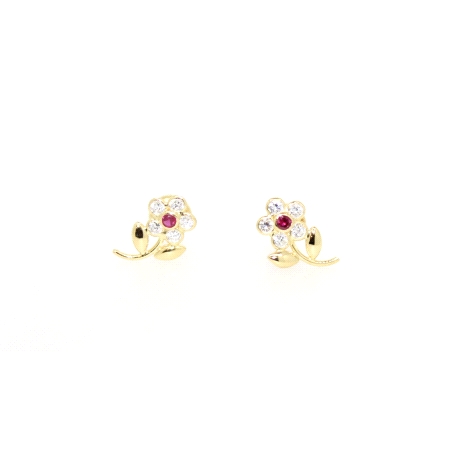 PENDIENTES FLOR EN ORO CON RUBI Y CIRCONITAS