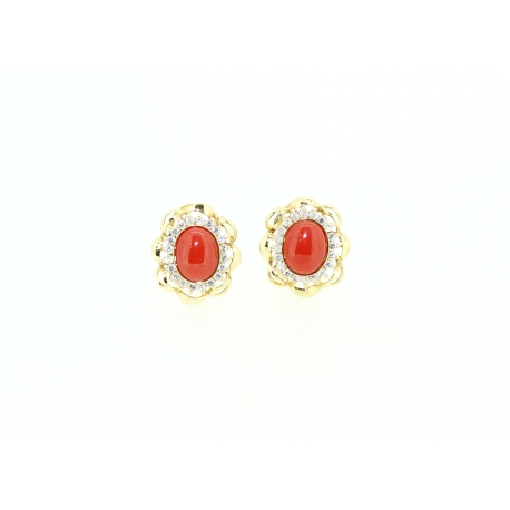 PENDIENTES EN ORO DE 18 KT CON CIRCONITAS Y CORAL