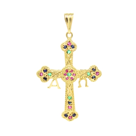 CRUZ DE LA VICTORIA CON ZAFIROS, RUBIES Y ESMERALDAS EN ORO