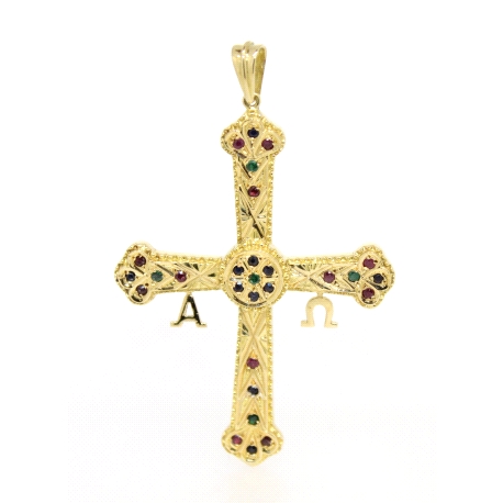 CRUZ DE LA VICTORIA EN ORO CON ZAFIROS, RUBIES Y ESMERALDAS