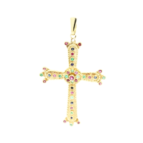 CRUZ DE LA VICTORIA EN ORO CON RUBIES, ESMERALDAS Y ZAFIROS