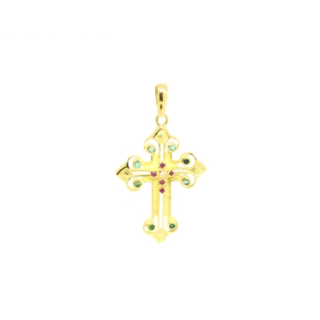 CRUZ DE DISEÑO EN ORO CON ESMERALDAS, RUBIES Y CIRCONITA