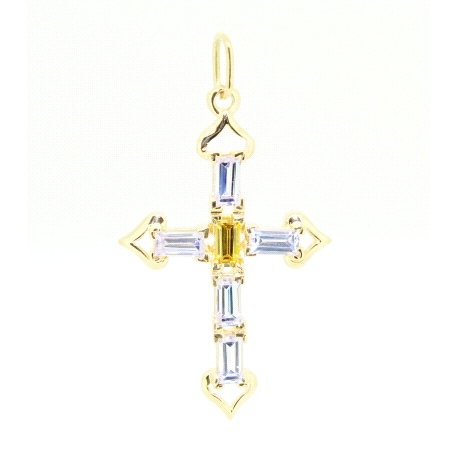 CRUZ DE DISEÑO EN ORO CON GEMAS DE COLOR