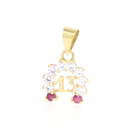 COLGANTE HERRADURA CON NUMERO 13 EN ORO CON RUBIES Y CIRCONITAS