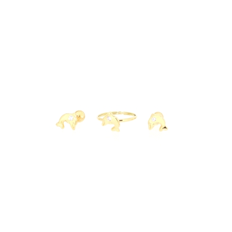 CONJUNTO DE PENDIENTES Y ANILLO DE DELFIN EN ORO CON CIRCONITA