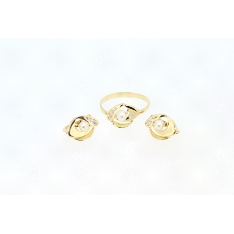 CONJUNTO ANILLO Y PENDIENTES EN ORO CON PERLA Y CIRCONITAS