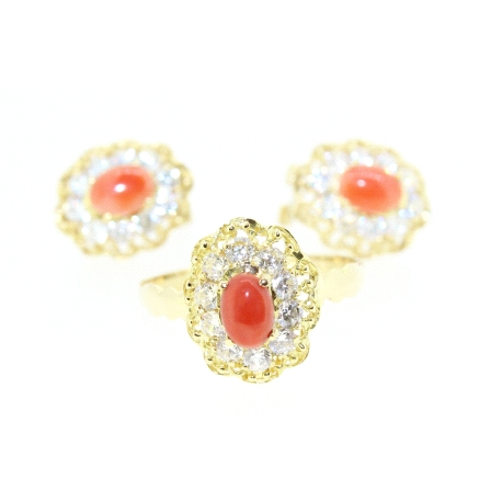 CONJUNTO EN ORO CON CORAL Y CIRCONITAS