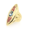 ANILLO LANZADERA EN ORO CON TOPACIO AZUL Y RUBIES