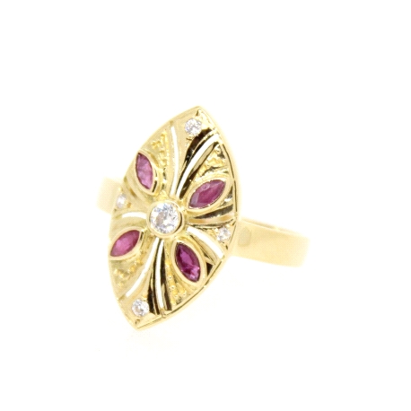 ANILLO LANZADERA EN ORO CON RUBIES Y CIRCONITAS