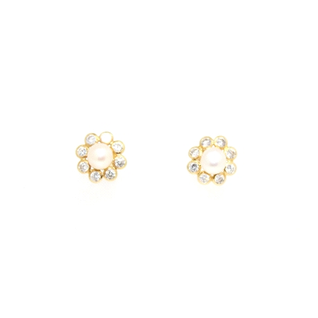 PENDIENTES FLOR EN ORO CON PERLA Y CIRCONITAS