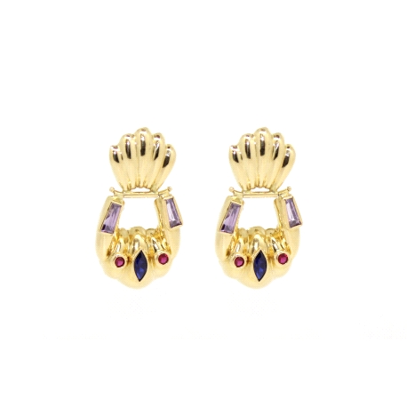 PENDIENTES EN ORO CON AMATISTAS, RUBIES Y ZAFIRO