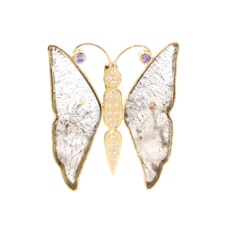 COLGANTE MARIPOSA EN ORO 18K CON CRISTAL, CIRCONITAS Y AMATISTAS