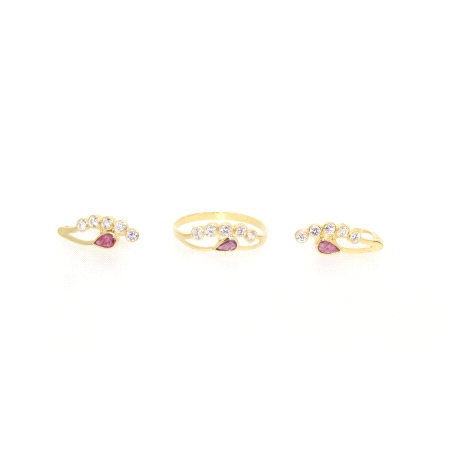 CONJUNTO DE ANILLO Y PENDIENTES EN ORO 18K CON ZAFIRO ROSADO Y CIRCONI