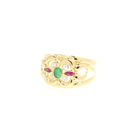 ANILLO EN ORO CON ESMERALDA, RUBIES Y CIRCONITAS