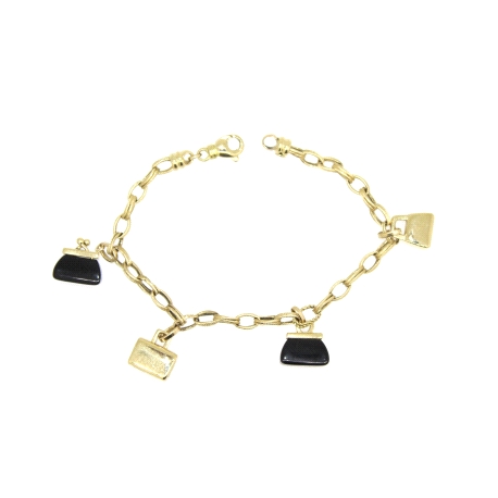 PULSERA DE DISEÑO EN ORO 18K CON COLGANTES BOLSO EN ORO 18K Y AZABACHE