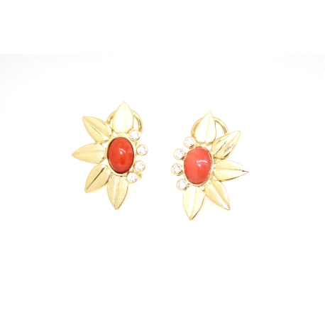 PENDIENTES  FLOR ORO 14K CON CORAL Y CIRCONITAS  CON CIERRE OMEGA