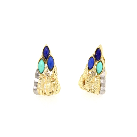 PENDIENTES EN DOS OROS 18K CON LAPISLAZULI Y TURQUESA CON CIERRE OMEGA