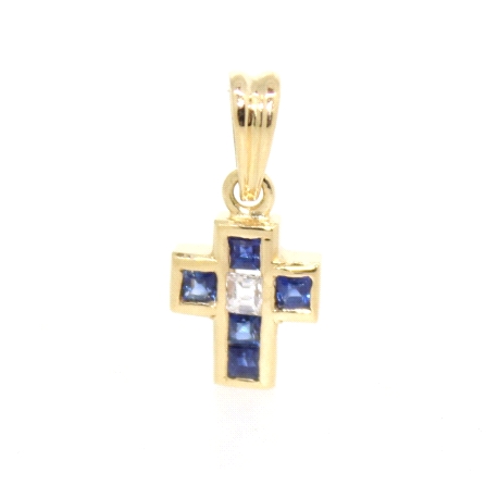 CRUZ EN ORO 18K CON DIAMANTE DE 0.07 CT Y ZAFIROS