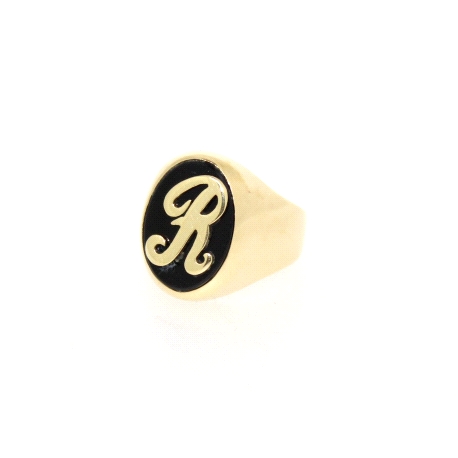 SELLO LETRA R EN ORO 14K CON ONIX